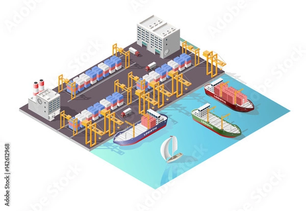 Fototapeta Set of Isolated High Quality Isometric City Elements . Harbor with Shadows on White Background