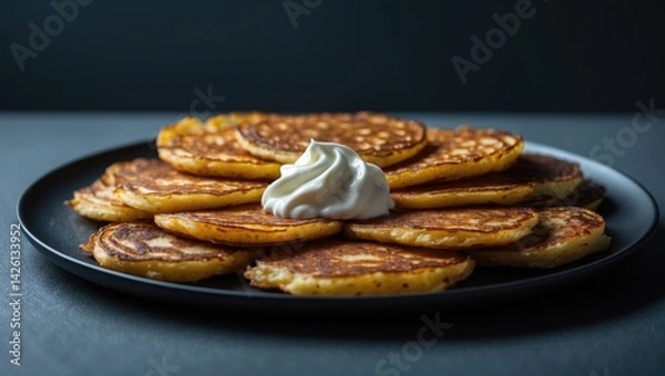 Fototapeta Golden brown potato pancakes neatly arranged on a plate with a dollop of creamy sauce on top