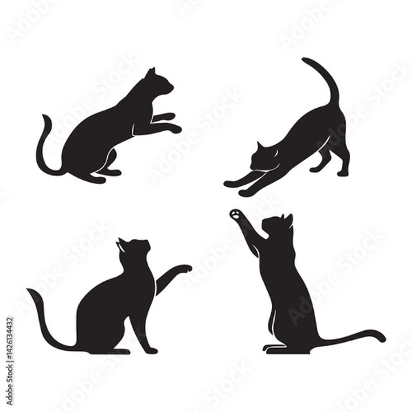 Fototapeta Set of cat silhouette icons, different poses, black vector shapes on white background, simple line art style