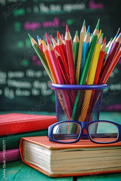 Obraz Cup with colorful pencils on desk in classroom with chalkboard. Back to school concept.  
