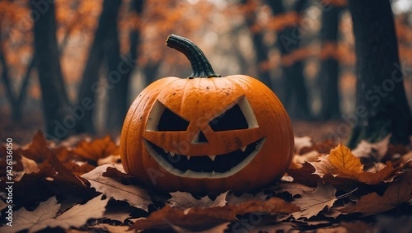 Obraz Creepy Halloween pumpkin face carved on gourd among colorful leaves in forest background