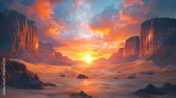 Fototapeta Golden Hour Glow: Desert Landscape with Towering Cliffs and Fier