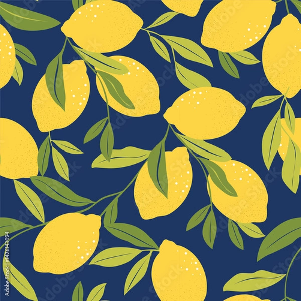 Fototapeta Seamless pattern of lemons and leaves on blue background. Cute citrus design for prints. Lemons seamless pattern. Vector flat illustration of lemon.