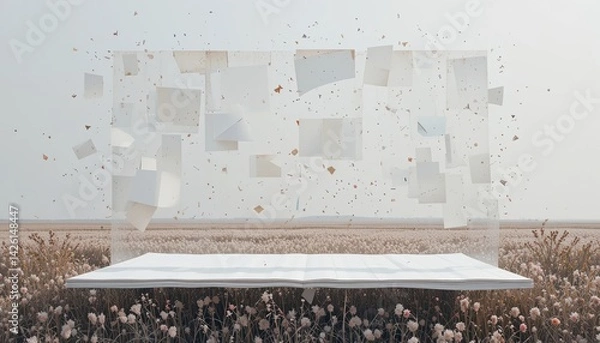 Fototapeta Floating paper art installation in a flower field modern conceptual art minimalistic environment surreal viewpoint