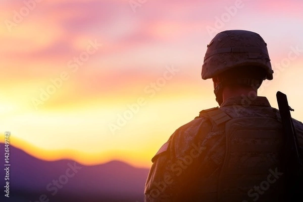 Fototapeta A soldier stands vigil on a hill as the sun rises, silhouetted against bright colors of dawn, embodying strength and resolve in a heroic moment