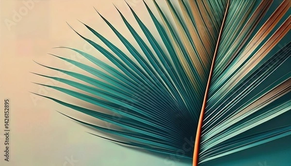 Fototapeta Minimal Palm Leaf Illustration Tranquil Escape Amidst a Lush Tropical Jungle, Bold Geometric Shapes in Soft Pastel Colors Radiate a Relaxing Aura.