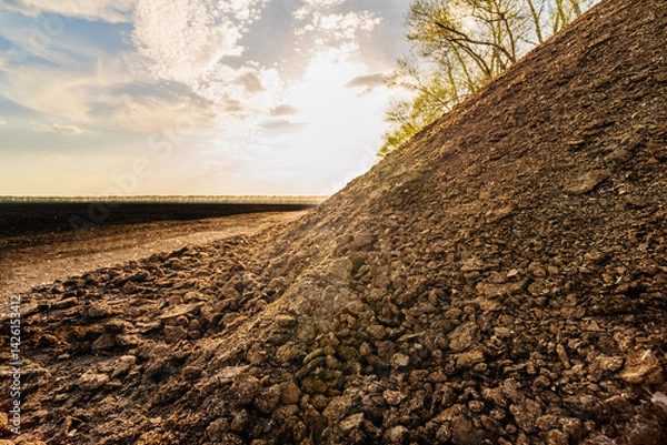 Obraz a large pile of manure on the background of a field, the concept of organic fertilizers for cultivation and agriculture
