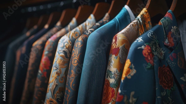 Fototapeta Row of clothes with floral designs hanging on a rack. The clothes are all different colors and styles, but they all have a similar pattern. Scene is one of elegance and sophistication