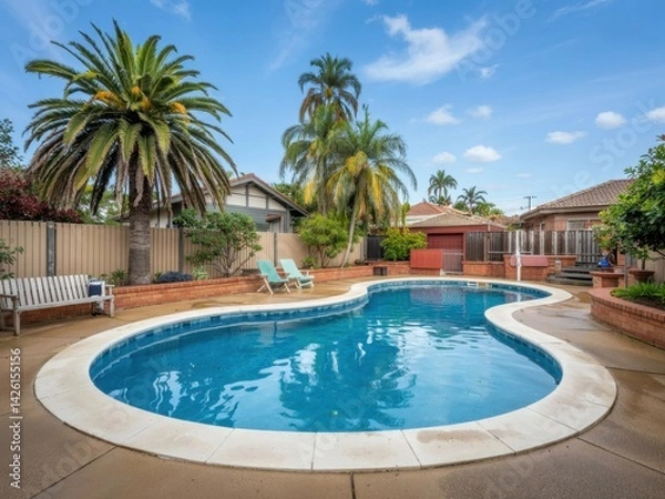 Fototapeta Relaxing backyard oasis with pool, palm trees, and sunny sky in a suburban neighborhood setting