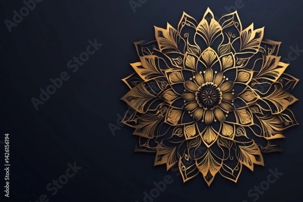 Obraz Intricate golden floral mandala design displayed against a dark background with elaborate details and symmetry