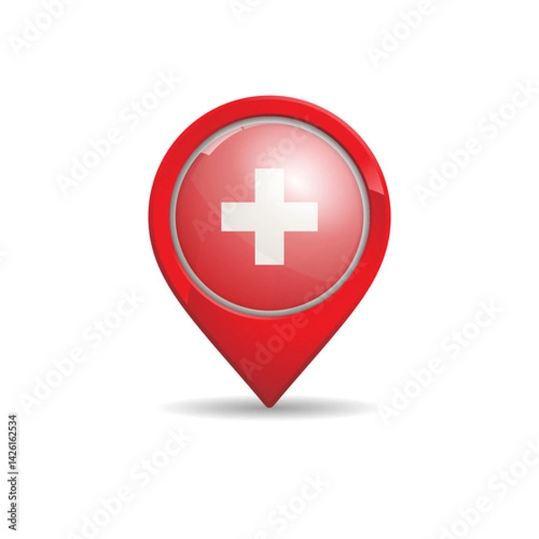Obraz Realistic Switzerland flag with map pin vector illustration. Swiss flag.