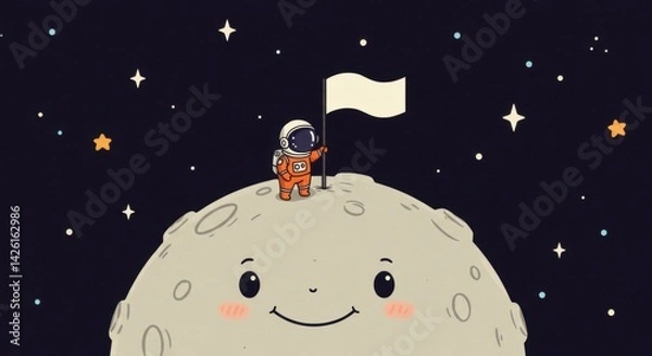 Fototapeta Astronaut holding a flag on a smiling moon in a whimsical space scene