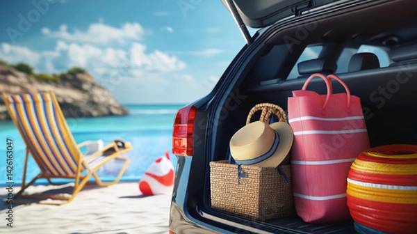 Obraz Car trunk is full of luggage and beach gear. The luggage includes a red suitcase, a wicker basket, and a beach chair