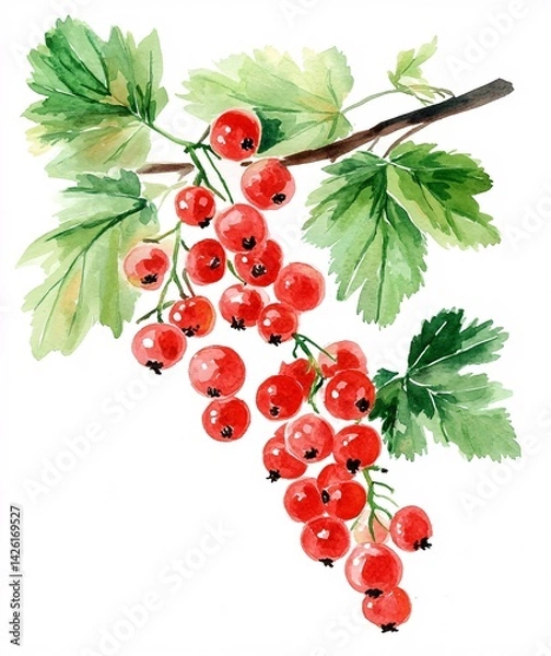 Fototapeta Elegant Watercolor Illustration of Bright Red Currants with Soft Greenery