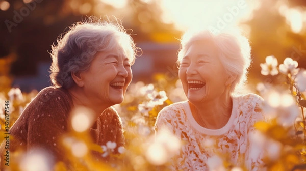Obraz Two senior women are laughing and smiling in a field of flowers. Scene is happy and joyful