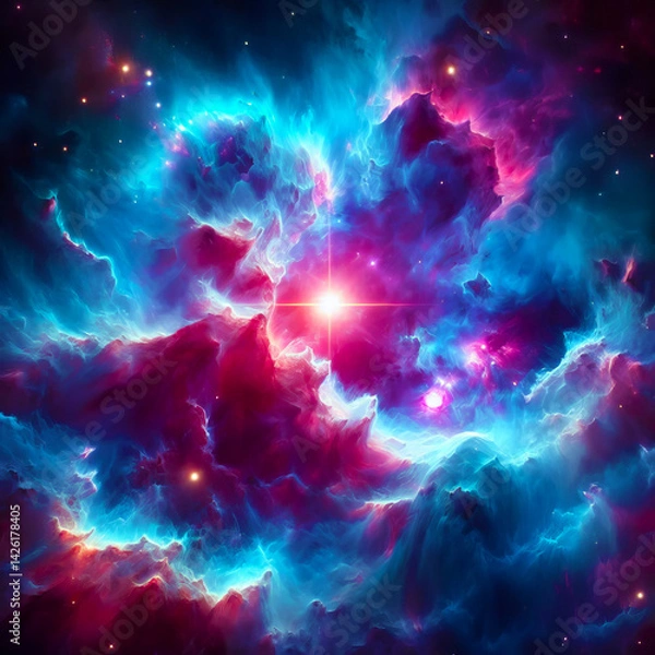 Fototapeta Giant nebula with bright blue and pink clouds, with a sparkling star at the center