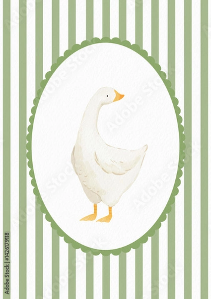 Obraz Cute goose illustration for a baby in a green poster style, featuring a funny character in an oval frame. This charming watercolor design with a checkered background is perfect for kids' textiles and