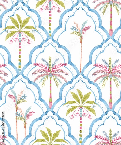 Obraz Seamless Multicolored Watercolor Moroccan Pattern with Stylized Palm Trees and Geometric Texture , Creative Repeat Modern Pattern with Ornamental Design