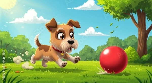 Fototapeta Playful dog chases red ball in sunny park surrounded by trees