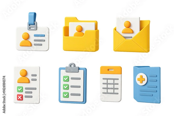 Obraz User interface icon set – 3d style interactive and functional symbols for digital design and navigation: profile, folder, envelope, id badge, checklist, document