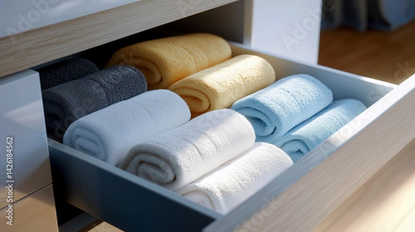 Fototapeta Drawer full of towels in various colors. The drawer is white and the towels are in a wooden drawer