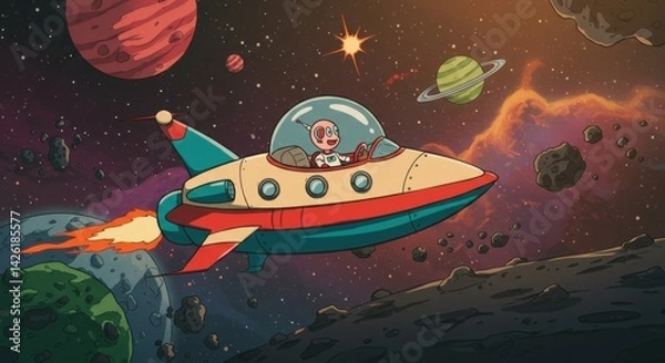 Fototapeta Cartoon space traveler exploring colorful planets in a fun spaceship adventure