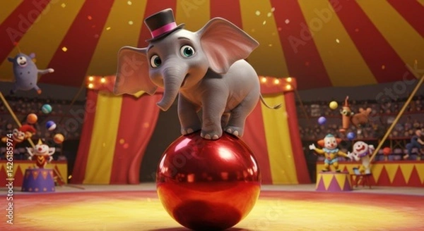 Fototapeta Circus performance featuring a small elephant balancing on a ball