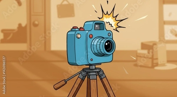 Fototapeta Vintage camera on tripod with flash in a cozy room setting