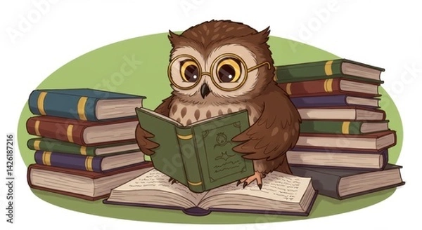 Fototapeta Owl reading a book with stacks of colorful literature around it