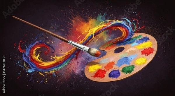 Fototapeta Vibrant paint palette and brush creating colorful artwork in studio setting