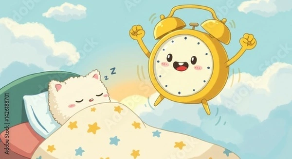 Fototapeta Cheerful alarm clock wakes sleeping cat in colorful bedroom setting