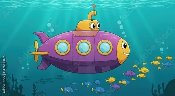 Fototapeta Colorful submarine navigates through vibrant underwater world with fish