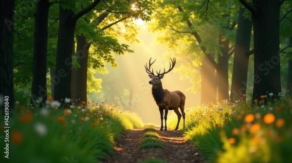 Fototapeta Majestic Stag in Sunlit Woodland Path, Surrounded by Blossoming Flowers and Towering Trees