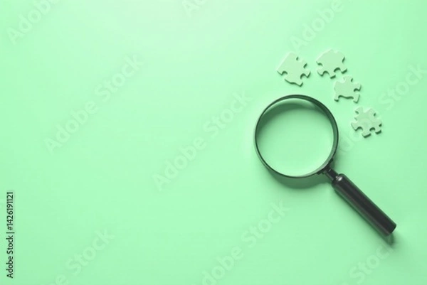 Fototapeta A magnifying glass rests near several puzzle pieces on a pastel green background, symbolizing the search for solutions and the process of discovery.