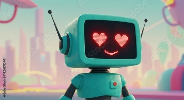 Fototapeta Robot with a friendly expression and heart eyes in a colorful city setting