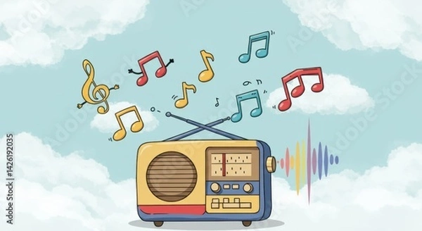Fototapeta Colorful radio plays cheerful music among fluffy clouds in a bright sky