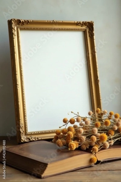 Fototapeta Ornate Gold Frame with Blank Canvas and Dried Flowers Resting on Antique Book