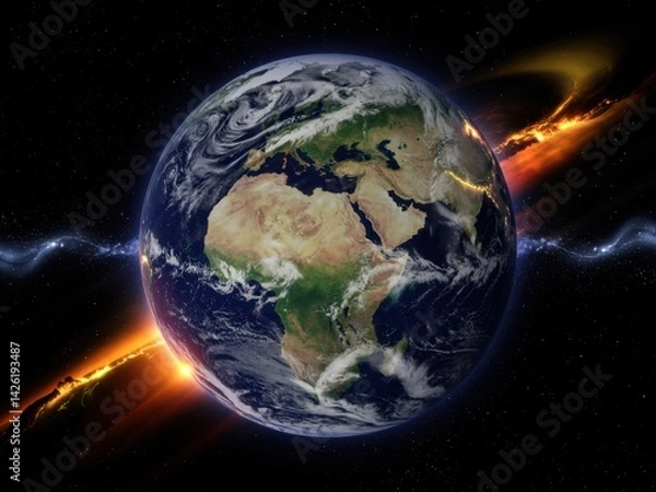 Fototapeta Planet Earth viewed from space with dramatic lighting and cosmic elements during a celestial event