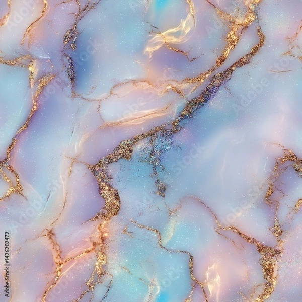 Obraz A close-up image displays an abstract marble texture with swirling patterns in soft iridescent hues of blue, pink, and white, accented with shimmering gold veins. High quality photo