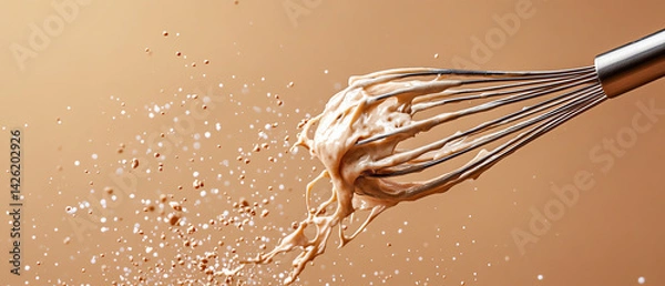 Obraz Dynamic shot of a whisk stirring a creamy mixture, creating splashes against a warm backdrop.