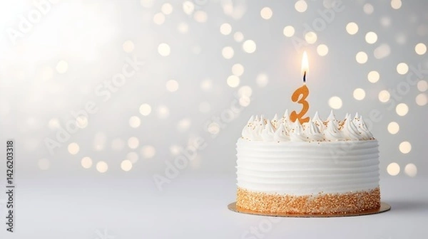 Fototapeta Festive third birthday cake with lit candle against a bokeh background