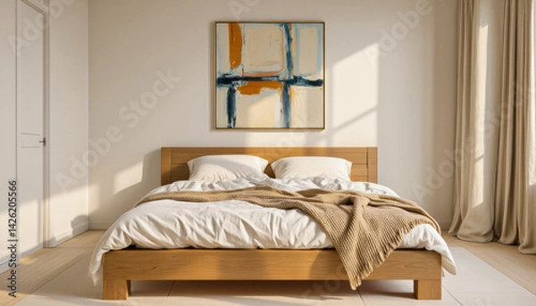 Fototapeta Modern interior design architecture photography: A sunlit bedroom showcases a minimalist design with a wooden bed frame, white linens, a textured throw blanket, and a framed abstract painting hangin
