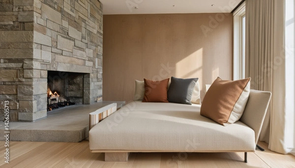 Fototapeta Modern interior design architecture photography: A modern living space showcases a stone fireplace and a built-in daybed with neutral-toned cushions, creating a serene and minimalist atmosphere.