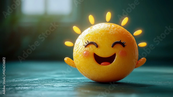 Obraz A 3D-rendered image depicts a cheerful, orange-like character with a radiant smile and glowing accents.  It rests on a teal surface, exuding vibrant happiness.
