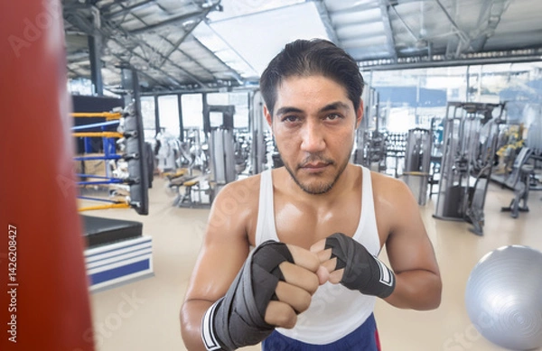 Fototapeta Asian man intensely training Muay Thai in a gym. Powerful punch, focused expression
