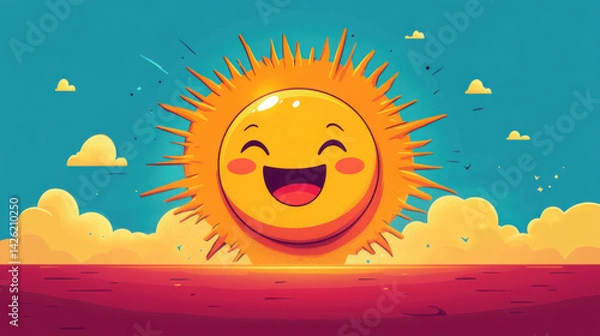 Obraz A cheerful cartoon sun beams over a tranquil ocean scene at sunset.  The vibrant colors and happy sun create a positive and peaceful atmosphere.