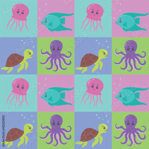 Fototapeta Seamless marine-themed block pattern with turtles, fish, jellyfish and octopuses. A vector illustration consisting of hand-made mosaic blocks. Marine flora and fauna.