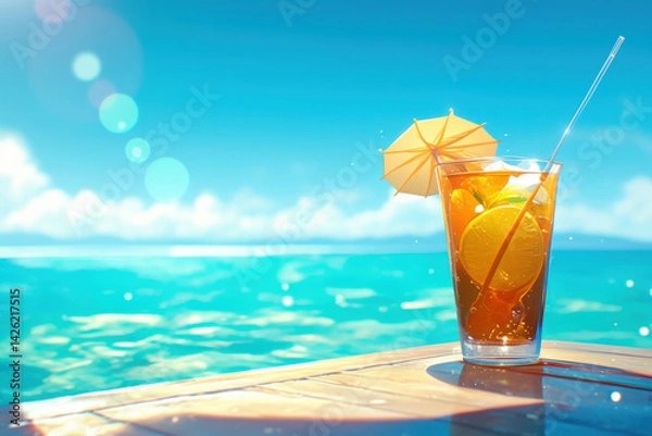 Obraz Glass of orange juice on wooden table next to a plate of breakfast items in soft morning light.