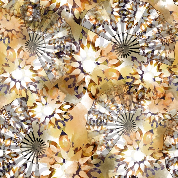 Fototapeta Seamless pattern with folding fans. Abstract golden flowers with watercolor effect. Orient textile print for bed linen, jacket, package design, fabric and fashion concepts