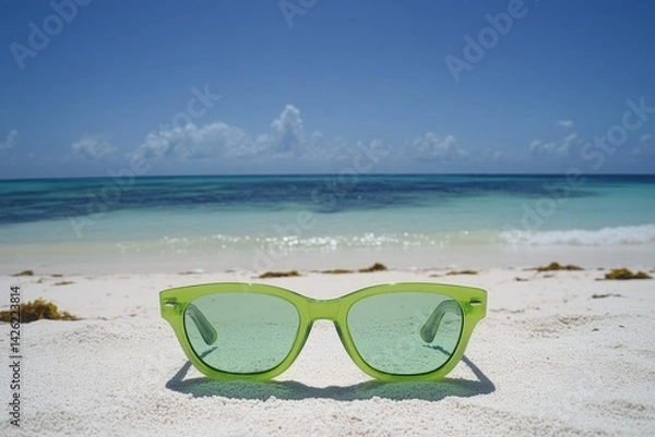 Fototapeta Bright green sunglasses resting on sandy beach with clear turquoise water in the background under a sunny sky